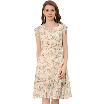 Women's Flutter Sleeves V Neck Smocked Waist Ruffle Floral Dresses
