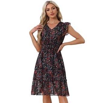 Women's Flutter Sleeves V Neck Smocked Waist Ruffle Floral Dresses