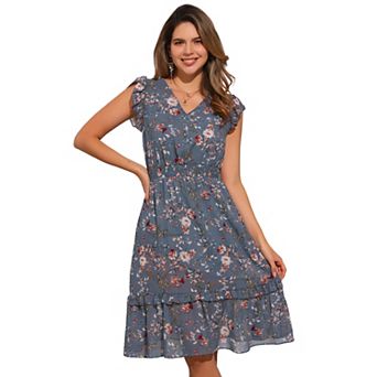 Women's Flutter Sleeves V Neck Smocked Waist Ruffle Floral Dresses