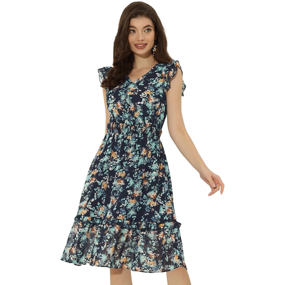 Square Neck Flutter Sleeves Chiffon Dresses with Slit Clover main image 0