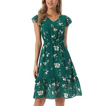Women's Flutter Sleeves V Neck Smocked Waist Ruffle Floral Dresses