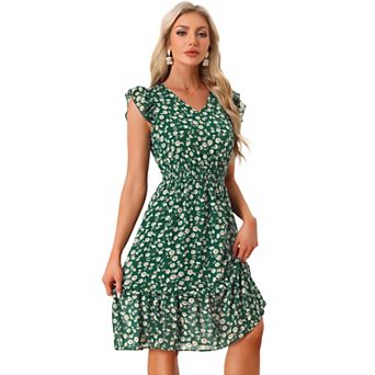 Women's Flutter Sleeves V Neck Smocked Waist Ruffle Floral Dresses