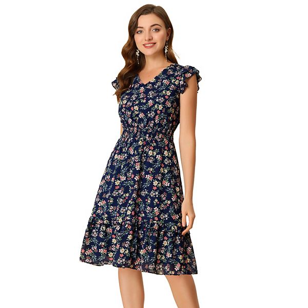 V-neck Waist Ruched Dress with Flutter Sleeves Ink Blue