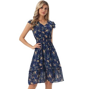 Women's Flutter Sleeves V Neck Smocked Waist Ruffle Floral Dresses