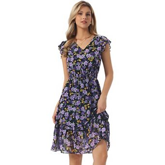 Women's Flutter Sleeves V Neck Smocked Waist Ruffle Floral Dresses