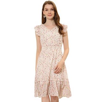 Women's Flutter Sleeves V Neck Smocked Waist Ruffle Floral Dresses
