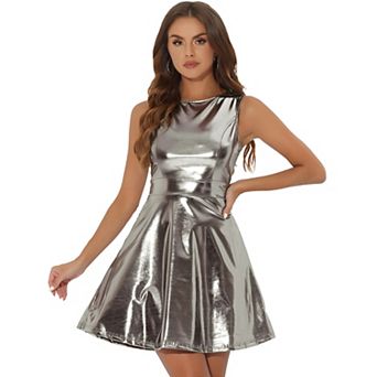 Women's Metallic Sleeveless Round Neck High Waist Fit and Flare Dress