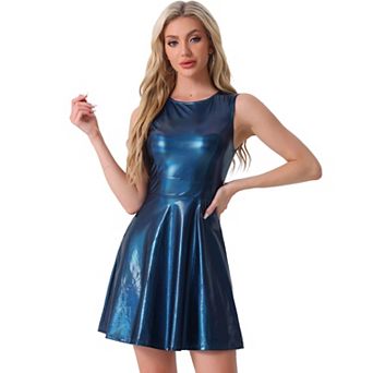 Women's Metallic Sleeveless Round Neck High Waist Fit and Flare Dress