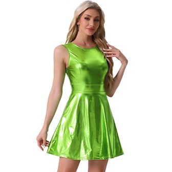 Women's Metallic Sleeveless Round Neck High Waist Fit and Flare Dress