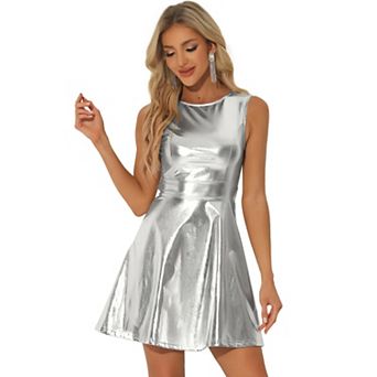 Women's Metallic Sleeveless Round Neck High Waist Fit and Flare Dress
