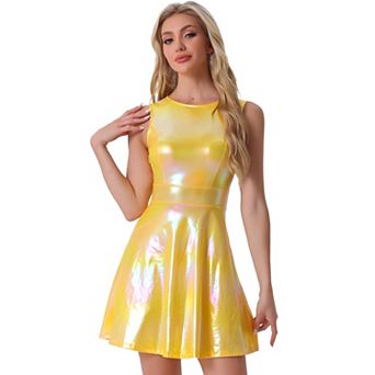 Women's Metallic Sleeveless Round Neck High Waist Fit and Flare Dress