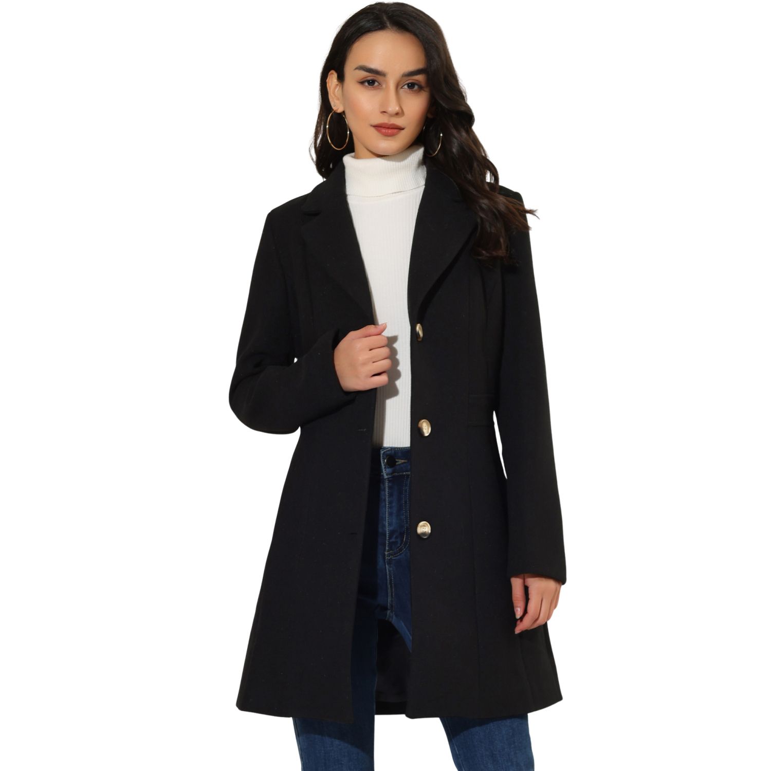 Women's Single Breasted Notched Lapel Mid Length Overcoat