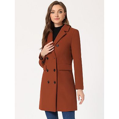 Women's Notched Lapel Collar Double Breasted Mid Length Overcoat