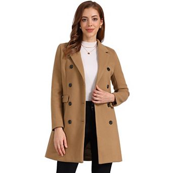 Women's Notched Lapel Collar Double Breasted Mid Length Overcoat