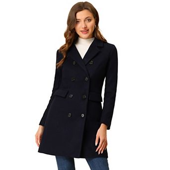 Women's Notched Lapel Collar Double Breasted Mid Length Overcoat
