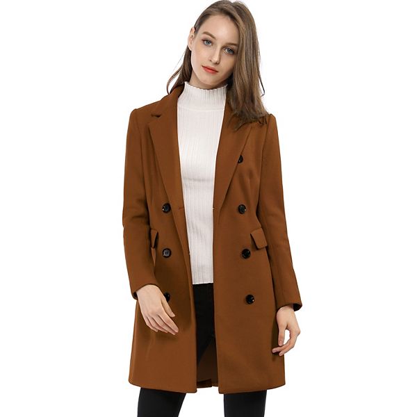 Women's Notched Lapel Collar Double Breasted Mid Length Overcoat