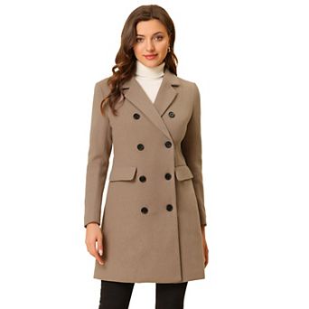 Women's Notched Lapel Collar Double Breasted Mid Length Overcoat