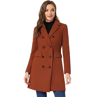 Women's Notched Lapel Collar Double Breasted Mid Length Overcoat