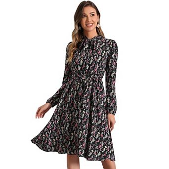 Women's Tie Neck Chiffon Long Sleeves Vintage Floral Print Belted Dress