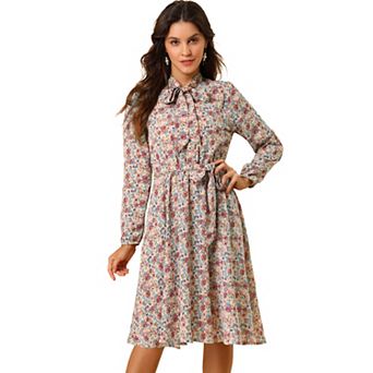 Women's Tie Neck Chiffon Long Sleeves Vintage Floral Print Belted Dress