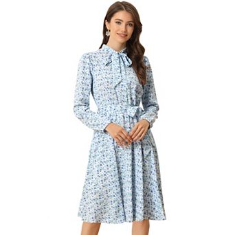 Women's Tie Neck Chiffon Long Sleeves Vintage Floral Print Belted Dress