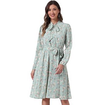 Women's Tie Neck Chiffon Long Sleeves Vintage Floral Print Belted Dress