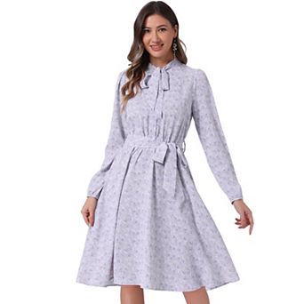 Women's Tie Neck Chiffon Long Sleeves Vintage Floral Print Belted Dress