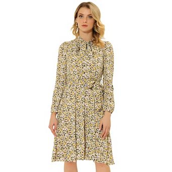 Women's Tie Neck Chiffon Long Sleeves Vintage Floral Print Belted Dress