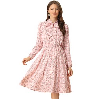 Women's Tie Neck Chiffon Long Sleeves Vintage Floral Print Belted Dress