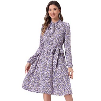 Women's Tie Neck Chiffon Long Sleeves Vintage Floral Print Belted Dress