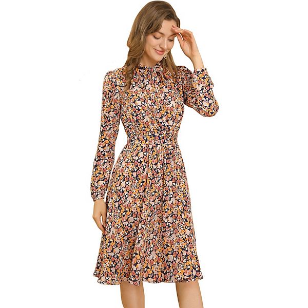 Women's Tie Neck Chiffon Long Sleeves Vintage Floral Print Belted Dress