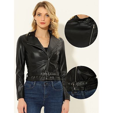PU Retro Belted Biker Jacket Lapel Collar