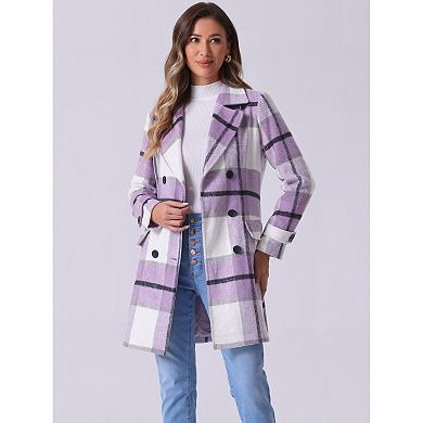 Women's Notched Lapel Long Sleeves Double Breasted Plaids Overcoat