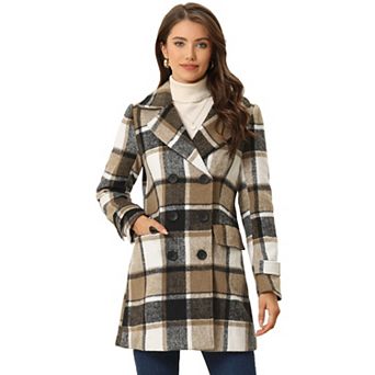 Women's Notched Lapel Long Sleeves Double Breasted Plaids Overcoat