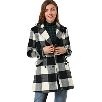 Women's Notched Lapel Long Sleeves Double Breasted Plaids Overcoat