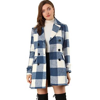 Women's Notched Lapel Long Sleeves Double Breasted Plaids Overcoat