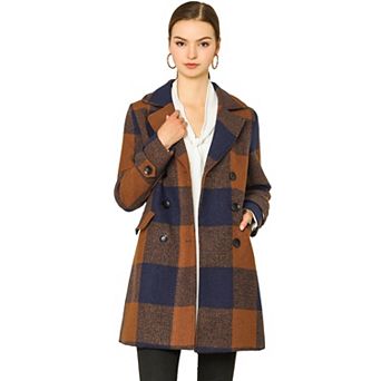Women's Notched Lapel Long Sleeves Double Breasted Plaids Overcoat
