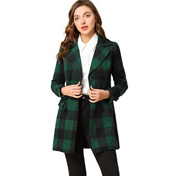Women's Notched Lapel Long Sleeves Double Breasted Plaids Overcoat