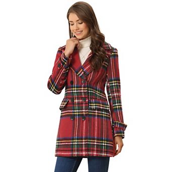 Women's Notched Lapel Long Sleeves Double Breasted Plaids Overcoat