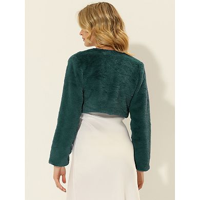 Women's Collarless Long Sleeve Open Front Faux Fur Shrug Cropped Coat