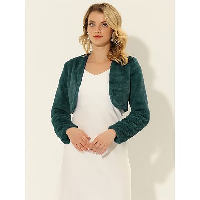 Women's Collarless Long Sleeve Open Front Faux Fur Shrug Cropped Coat