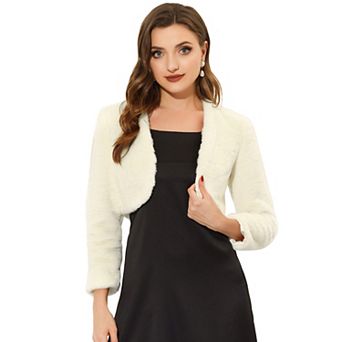 Women's Collarless Long Sleeve Open Front Faux Fur Shrug Cropped Coat