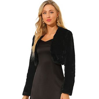Women's Collarless Long Sleeve Open Front Faux Fur Shrug Cropped Coat