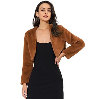 Women's Collarless Long Sleeve Open Front Faux Fur Shrug Cropped Coat