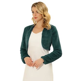 Women's Collarless Long Sleeve Open Front Faux Fur Shrug Cropped Coat