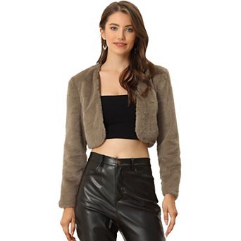 Women's Collarless Long Sleeve Open Front Faux Fur Shrug Cropped Coat