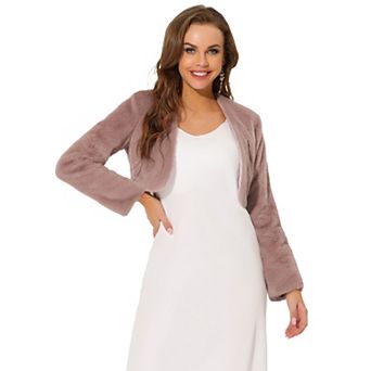 Women's Collarless Long Sleeve Open Front Faux Fur Shrug Cropped Coat