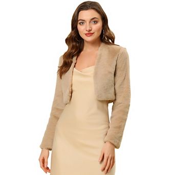 Women's Collarless Long Sleeve Open Front Faux Fur Shrug Cropped Coat
