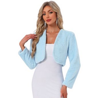 Women's Collarless Long Sleeve Open Front Faux Fur Shrug Cropped Coat