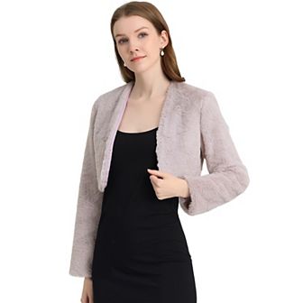 Women's Collarless Long Sleeve Open Front Faux Fur Shrug Cropped Coat